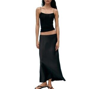 Zara Satin Effect Midi Skirt Large Black Aline Hidden Wide Elastic Waist